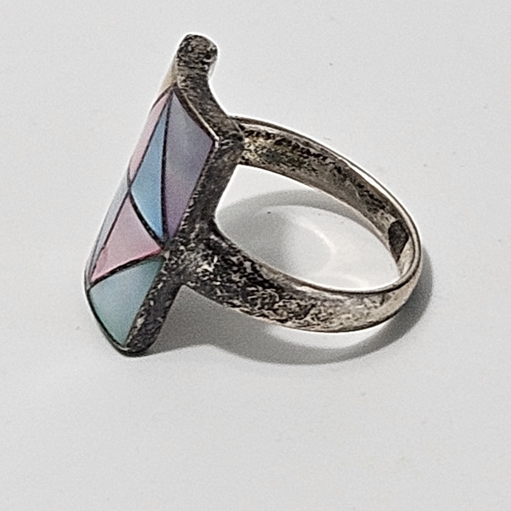Vintage Mother of Pearl Mosaic Sterling Silver Ring Pastel Geometric 925 Size 8 - Picture 3 of 7